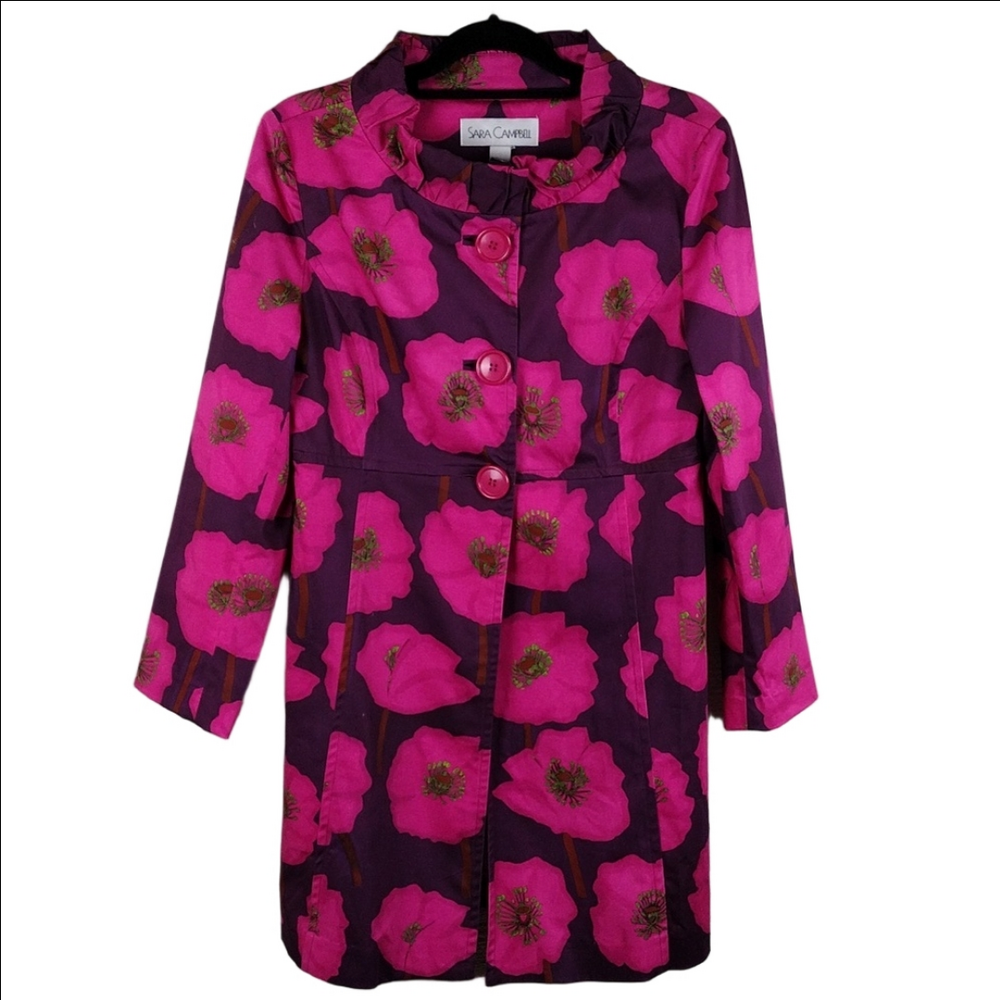 Sara Campbell Pink Purple Floral Ruffle Collar Long Sleeve Button Trench Coat